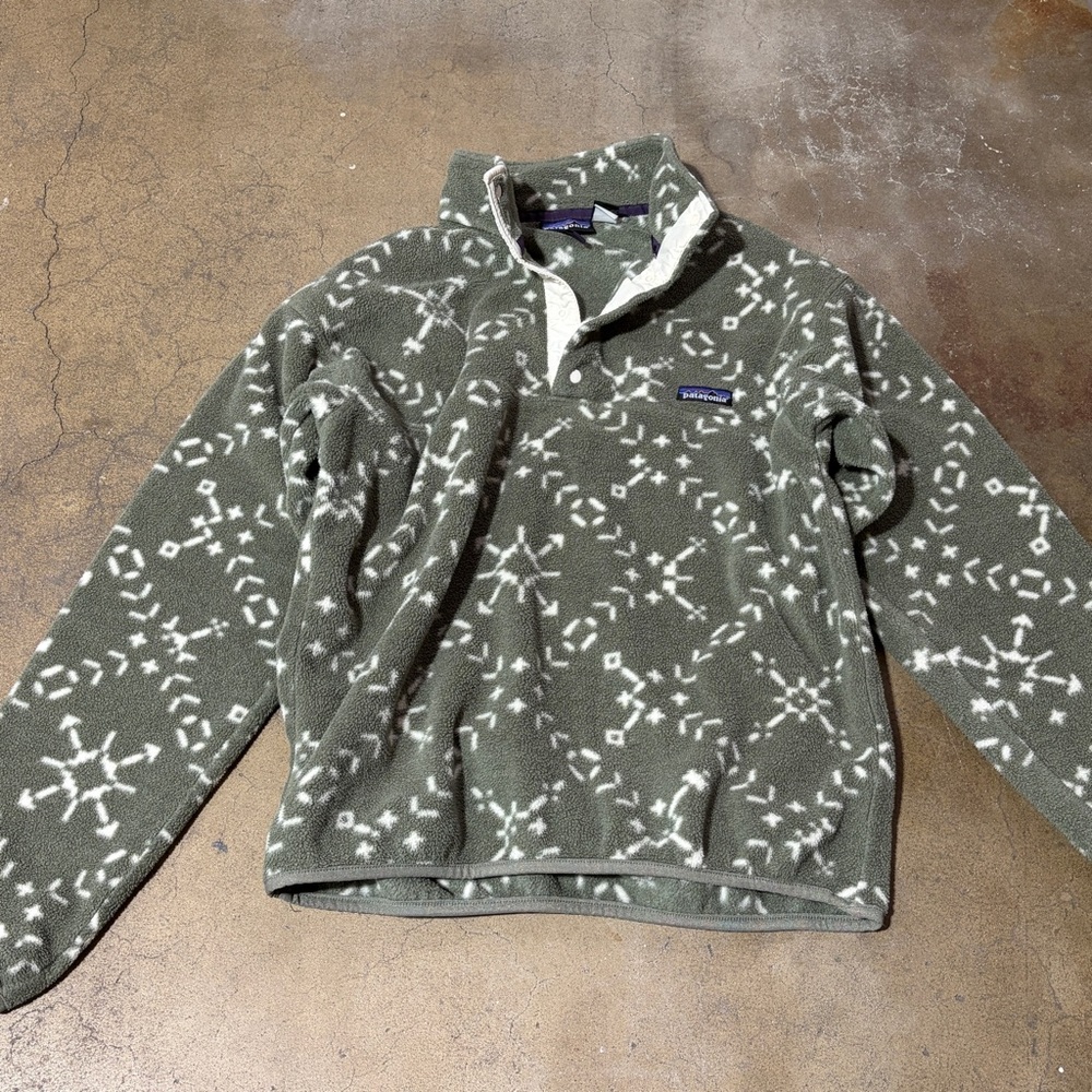 Patagonia Vintage Sno Chaparral Green White Patterned Winter Fleece Jacket